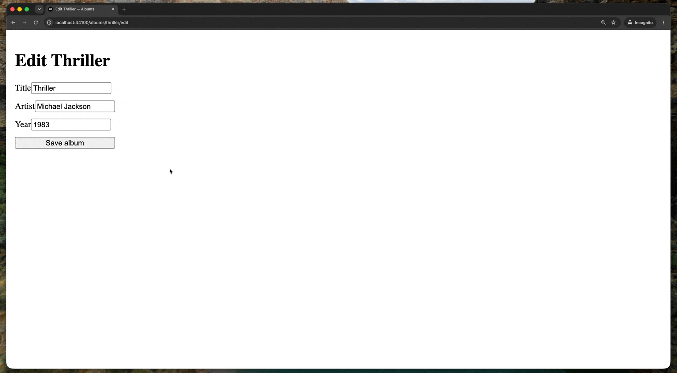 Changing input with value 1983 to 1982, hitting submit, then being redirected to the corrected page
